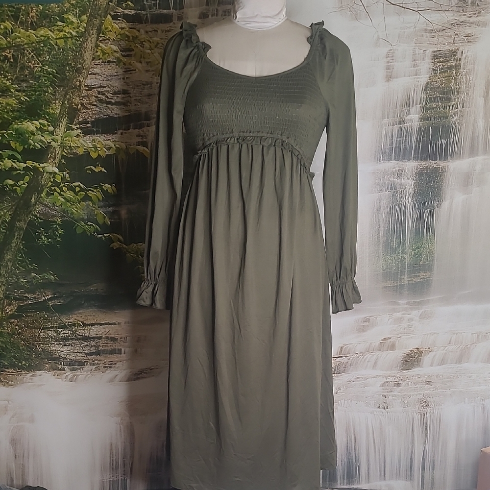New with tags! Womens Large green fancy long sleeve smocked empire bodice dress